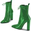 imageFSJ Women Stylish Pointed Toe Chunky Heel Lace Up Ankle Boots with Side Zipper Chelsea Mid Calf Short Booties Dress Patent Leather Boots Size 415 USGreen