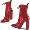 imageFSJ Women Stylish Pointed Toe Chunky Heel Lace Up Ankle Boots with Side Zipper Chelsea Mid Calf Short Booties Dress Patent Leather Boots Size 415 USRed