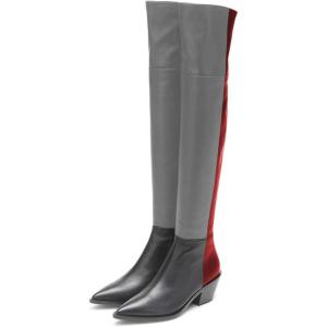 imageFSJ Women Casual Thigh High Tall Boots Over The Knee Booties Pointed Closed Toe Chunky Low Heel Leather Party Club Ladies Fall Winter Shoes Size 415 USGrey Red