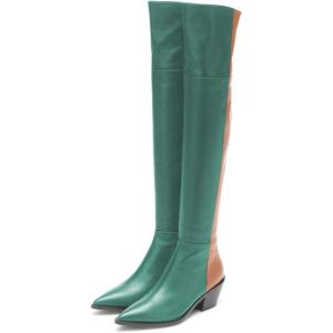 imageFSJ Women Casual Thigh High Tall Boots Over The Knee Booties Pointed Closed Toe Chunky Low Heel Leather Party Club Ladies Fall Winter Shoes Size 415 USGreen Orange