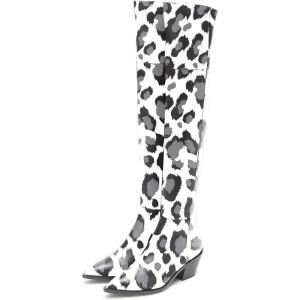 imageFSJ Women Casual Thigh High Tall Boots Over The Knee Booties Pointed Closed Toe Chunky Low Heel Leather Party Club Ladies Fall Winter Shoes Size 415 USLeopard