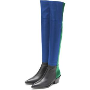imageFSJ Women Casual Thigh High Tall Boots Over The Knee Booties Pointed Closed Toe Chunky Low Heel Leather Party Club Ladies Fall Winter Shoes Size 415 USBlue Black Green