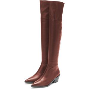 imageFSJ Women Casual Thigh High Tall Boots Over The Knee Booties Pointed Closed Toe Chunky Low Heel Leather Party Club Ladies Fall Winter Shoes Size 415 USChocolate