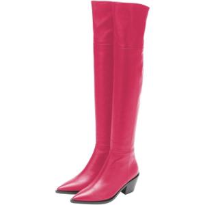 imageFSJ Women Casual Thigh High Tall Boots Over The Knee Booties Pointed Closed Toe Chunky Low Heel Leather Party Club Ladies Fall Winter Shoes Size 415 USHot Pink