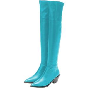 imageFSJ Women Casual Thigh High Tall Boots Over The Knee Booties Pointed Closed Toe Chunky Low Heel Leather Party Club Ladies Fall Winter Shoes Size 415 USDark Turquoise