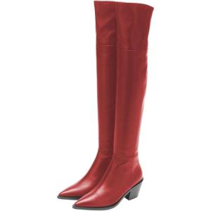 imageFSJ Women Casual Thigh High Tall Boots Over The Knee Booties Pointed Closed Toe Chunky Low Heel Leather Party Club Ladies Fall Winter Shoes Size 415 USRed