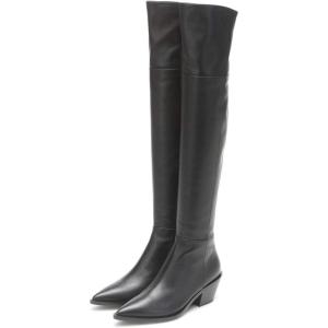 imageFSJ Women Casual Thigh High Tall Boots Over The Knee Booties Pointed Closed Toe Chunky Low Heel Leather Party Club Ladies Fall Winter Shoes Size 415 USBlack