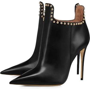 imageFSJ Women Classic Pointed Toe Stiletto High Heel Studded Ankle Boots Glossy Pull On Casual Party Street Ladies Shoes Size 415 USBlack