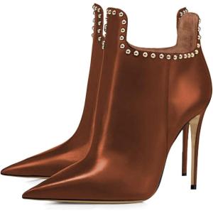 imageFSJ Women Classic Pointed Toe Stiletto High Heel Studded Ankle Boots Glossy Pull On Casual Party Street Ladies Shoes Size 415 USBrown