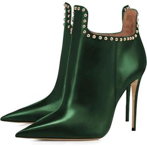 imageFSJ Women Classic Pointed Toe Stiletto High Heel Studded Ankle Boots Glossy Pull On Casual Party Street Ladies Shoes Size 415 USGreen