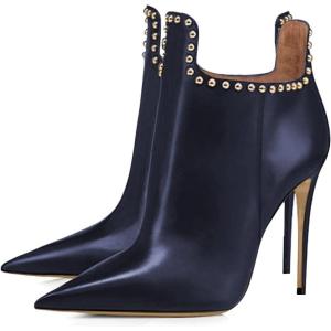 imageFSJ Women Classic Pointed Toe Stiletto High Heel Studded Ankle Boots Glossy Pull On Casual Party Street Ladies Shoes Size 415 USNavy