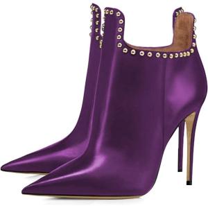 imageFSJ Women Classic Pointed Toe Stiletto High Heel Studded Ankle Boots Glossy Pull On Casual Party Street Ladies Shoes Size 415 USPurple