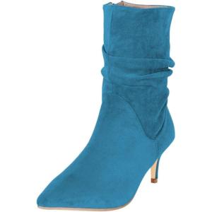 imageFSJ Women Elegant Slouch Ankle Boots Pointed Closed Toe Kitten Low Heels Stacked Short Booties Leather Side Zipper Ladies Office Party Prom Fall Winter Dress Shoes Size 415 USBlue