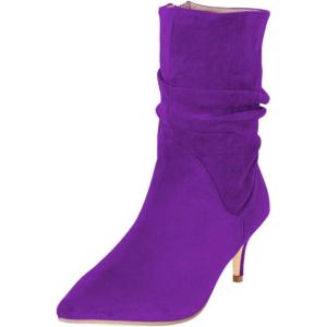 imageFSJ Women Elegant Slouch Ankle Boots Pointed Closed Toe Kitten Low Heels Stacked Short Booties Leather Side Zipper Ladies Office Party Prom Fall Winter Dress Shoes Size 415 USPurple Suede
