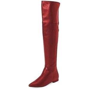 imageFSJ Women Fashion Over The Knee High Boots Pointed Toe Flat Comfortable Back Zipper Ladies Shoes for WinterWine Red