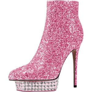 imageFSJ Women Glitter Sparkly Stiletto High Heel Ankle Boots Closed Toe Sequin Rhinestone Platform Short Booties Outfit Dress Shoes Size 416 USPink