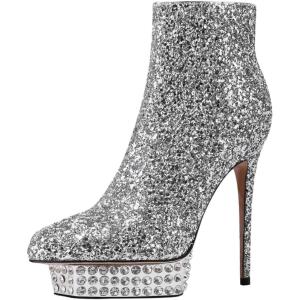 imageFSJ Women Glitter Sparkly Stiletto High Heel Ankle Boots Closed Toe Sequin Rhinestone Platform Short Booties Outfit Dress Shoes Size 416 USSilver