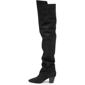 imageFSJ Women Over The Knee Boots Comfy Wrinkled Medium Chunky Heel Closed Point Toe Classic Pull On Business Shoes Size 415 M USBlack