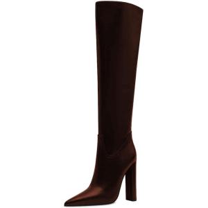 imageFSJ Women Sexy Knee High Chunky Heel Boots Matte Leather Closed Pointed Toe Side Zipper High Heeled Wide Calf Winter Fashion Dress Booties 415 M USBrown