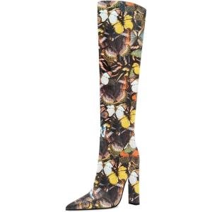 imageFSJ Women Sexy Knee High Chunky Heel Boots Matte Leather Closed Pointed Toe Side Zipper High Heeled Wide Calf Winter Fashion Dress Booties 415 M USButterfly