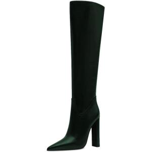 imageFSJ Women Sexy Knee High Chunky Heel Boots Matte Leather Closed Pointed Toe Side Zipper High Heeled Wide Calf Winter Fashion Dress Booties 415 M USGreen