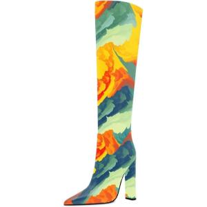 imageFSJ Women Sexy Knee High Chunky Heel Boots Matte Leather Closed Pointed Toe Side Zipper High Heeled Wide Calf Winter Fashion Dress Booties 415 M USPainting
