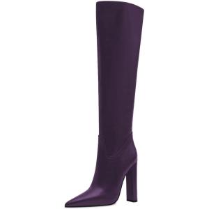 imageFSJ Women Sexy Knee High Chunky Heel Boots Matte Leather Closed Pointed Toe Side Zipper High Heeled Wide Calf Winter Fashion Dress Booties 415 M USPurple