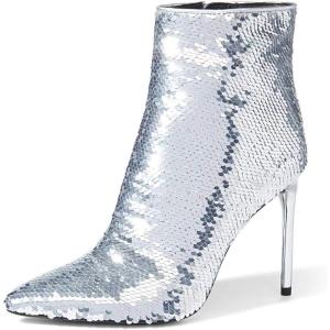 imageFSJ Women Sexy Sequins Stiletto High Heels Ankle Booties Pointed Toe Side Zippers Evening Party Night Club Shoes Size 415 USSilver