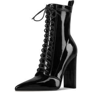 imageFSJ Women Stylish Pointed Toe Chunky Heel Lace Up Ankle Boots with Side Zipper Chelsea Mid Calf Short Booties Dress Patent Leather Boots Size 415 USBlack