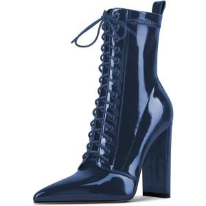 imageFSJ Women Stylish Pointed Toe Chunky Heel Lace Up Ankle Boots with Side Zipper Chelsea Mid Calf Short Booties Dress Patent Leather Boots Size 415 USBlue