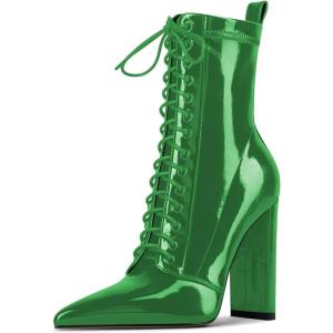 imageFSJ Women Stylish Pointed Toe Chunky Heel Lace Up Ankle Boots with Side Zipper Chelsea Mid Calf Short Booties Dress Patent Leather Boots Size 415 USGreen