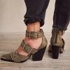 imageFSJ Women Pointed Toe Metal Buckle Hollow Out Leather Strappy Medium Thick Wedge Stacked Heel Sandal Zipper Western Fashion Pumps Shoes Size 416 USOlive Green