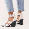 imageFSJ Women Pointed Toe Metal Buckle Hollow Out Leather Strappy Medium Thick Wedge Stacked Heel Sandal Zipper Western Fashion Pumps Shoes Size 416 USWhite