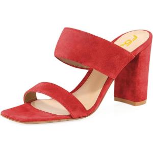 imageFSJ Women Chic Open Toe Sandals Chunky Heels Mules Slip On Casual Dress Shoes Size 415 USRed