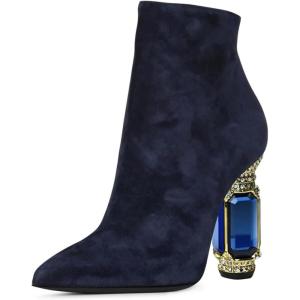 imageFSJ Women Chic Pointed Toe Crystal Chunky Block High Heel Ankle Boots Glossy Side Zipper Casual Daily Fashion Ladies Shoes Size 415 USDark Blue
