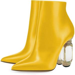imageFSJ Women Chic Pointed Toe Crystal Chunky Block High Heel Ankle Boots Glossy Side Zipper Casual Daily Fashion Ladies Shoes Size 415 USYellow