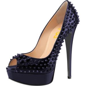 imageFSJ Women Classic Rivets Platform Heel Peep Toe Pumps High Stiletto Heel Slip On Studded Sexy Wedding Party Dance Shoes Size 416 USBlue