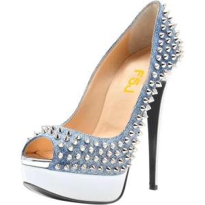 imageFSJ Women Classic Rivets Platform Heel Peep Toe Pumps High Stiletto Heel Slip On Studded Sexy Wedding Party Dance Shoes Size 416 USBlue Denim