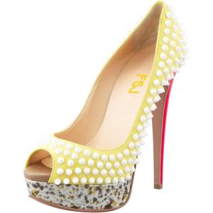 imageFSJ Women Classic Rivets Platform Heel Peep Toe Pumps High Stiletto Heel Slip On Studded Sexy Wedding Party Dance Shoes Size 416 USCreamy