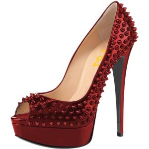 imageFSJ Women Classic Rivets Platform Heel Peep Toe Pumps High Stiletto Heel Slip On Studded Sexy Wedding Party Dance Shoes Size 416 USDark Red