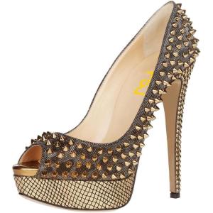 imageFSJ Women Classic Rivets Platform Heel Peep Toe Pumps High Stiletto Heel Slip On Studded Sexy Wedding Party Dance Shoes Size 416 USGold