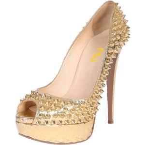 imageFSJ Women Classic Rivets Platform Heel Peep Toe Pumps High Stiletto Heel Slip On Studded Sexy Wedding Party Dance Shoes Size 416 USGolden