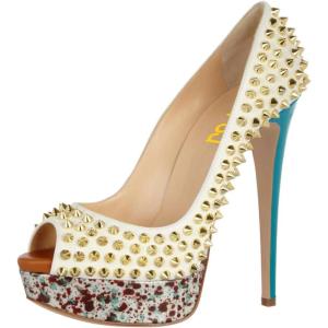 imageFSJ Women Classic Rivets Platform Heel Peep Toe Pumps High Stiletto Heel Slip On Studded Sexy Wedding Party Dance Shoes Size 416 USLight Gold