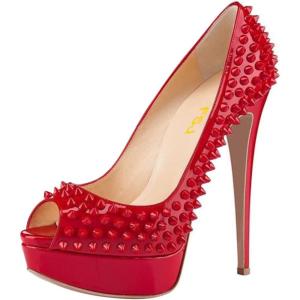 imageFSJ Women Classic Rivets Platform Heel Peep Toe Pumps High Stiletto Heel Slip On Studded Sexy Wedding Party Dance Shoes Size 416 USRed