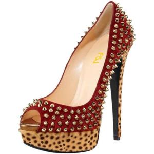 imageFSJ Women Classic Rivets Platform Heel Peep Toe Pumps High Stiletto Heel Slip On Studded Sexy Wedding Party Dance Shoes Size 416 USRed Leopard Print