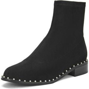imageFSJ Women Classic Suede Round Toe Block Low Heel Ankle Boots Elastic Flat Booties Pearls Pull On Casual Ladies Shoes Size 415 USBlack