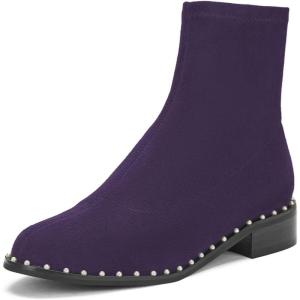 imageFSJ Women Classic Suede Round Toe Block Low Heel Ankle Boots Elastic Flat Booties Pearls Pull On Casual Ladies Shoes Size 415 USDark Purple