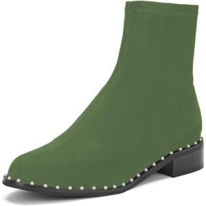 imageFSJ Women Classic Suede Round Toe Block Low Heel Ankle Boots Elastic Flat Booties Pearls Pull On Casual Ladies Shoes Size 415 USGreen