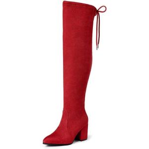 imageFSJ Women Classic Thigh High Boots Over the knee Stretch Block Heel Comfortable Fashion Pointed Toe Western Long Boots Size 415 USRed