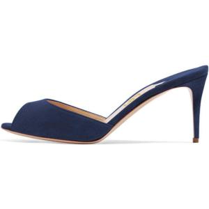 imageFSJ Women Comfort Low Kitten Heel Sandals Mules Peep Toe Slide Slip On Summer Dress Pump Shoes 415 M US10cm Navy Blue